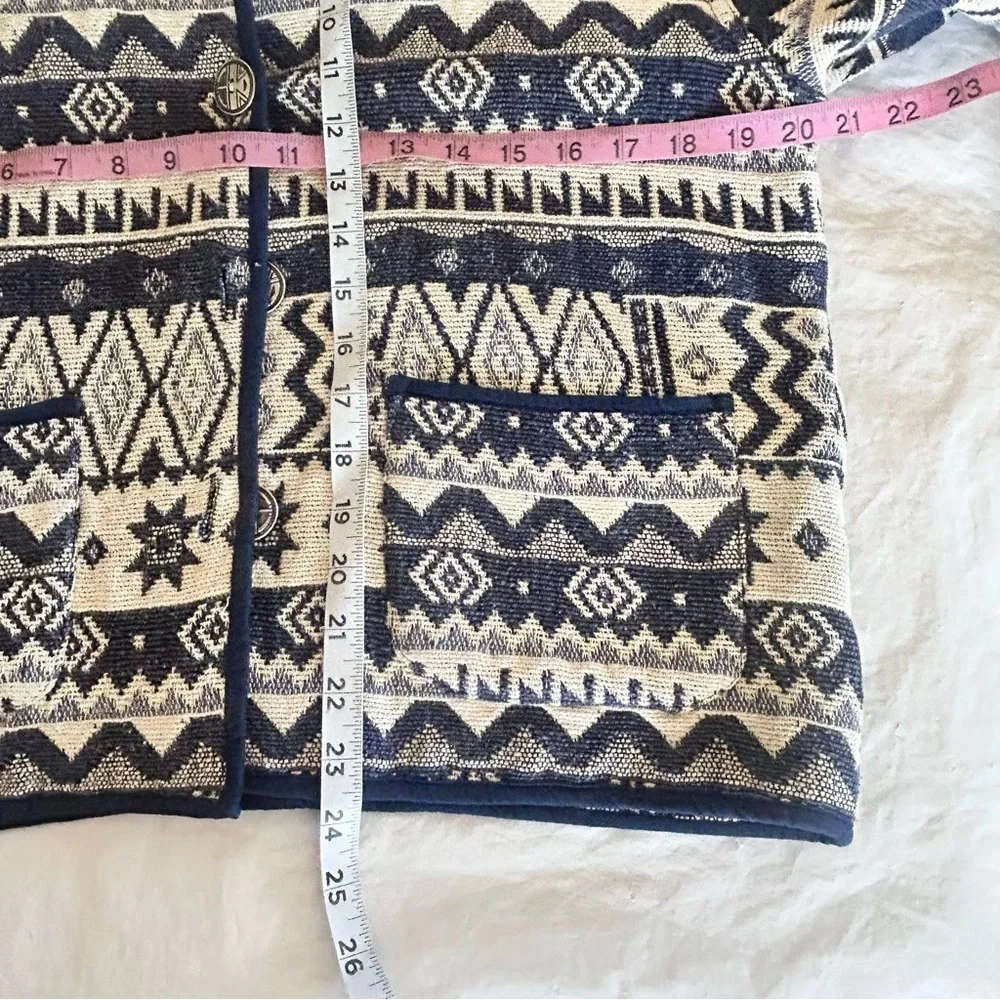 Jane Ashley Tapestry Jacket size M Button Front Aztec Southwestern Navy White